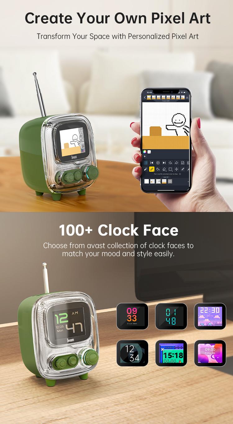 Divoom Tiivoo-2 Portable Bluetooth Speaker with FM Radio Pixel Art Retro Mini Small Cute portable Wireless Speaker White Noise Vintage Decor Suitable for Party Office Desk Home Bedroom Kitchen Gifts for Women Men Smartphone Audio Sound System Light Pink