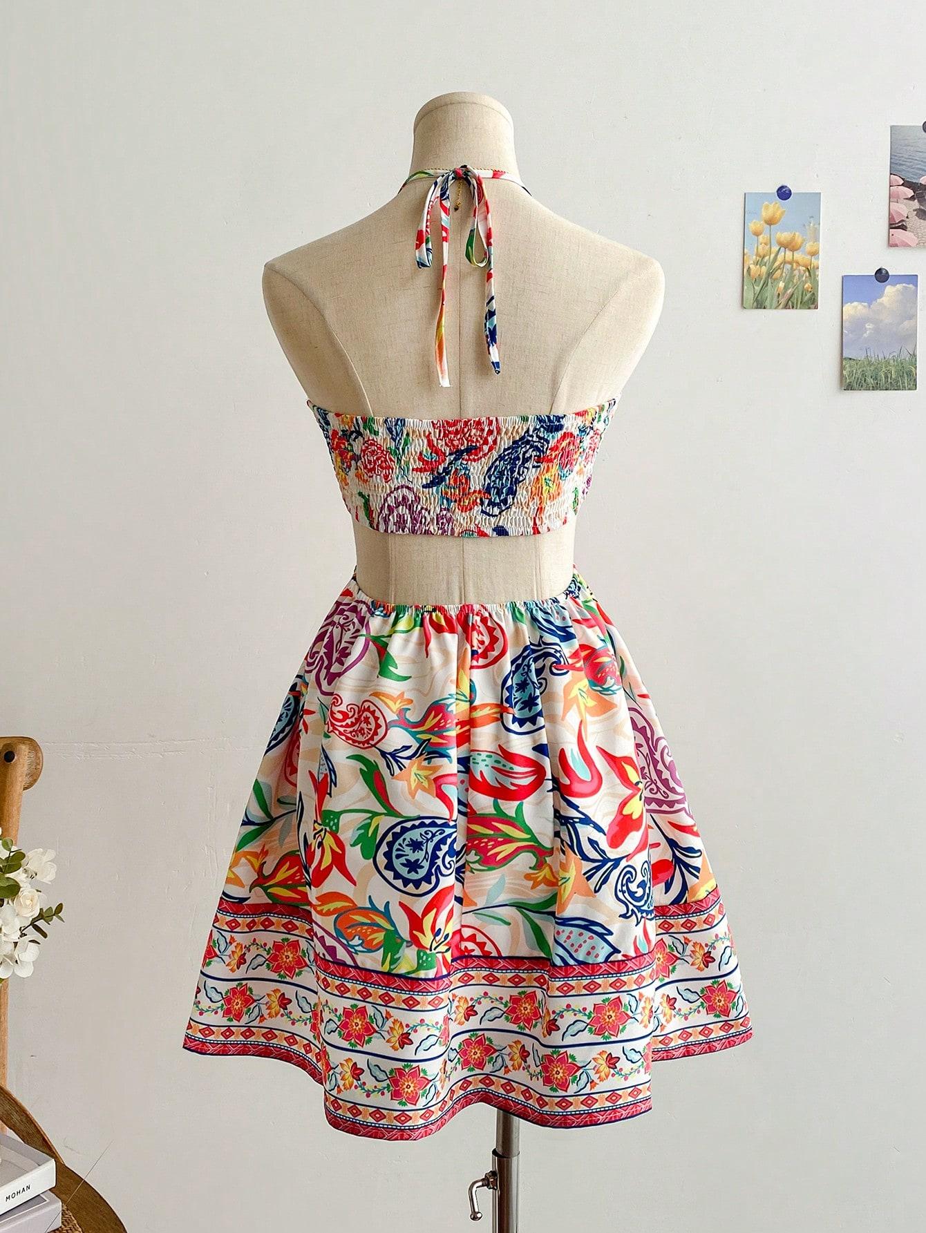 Spring Floral Halter Flowy A Line Dress Cut Out Smocked High Waisted Short Vacation Dress Sundresses