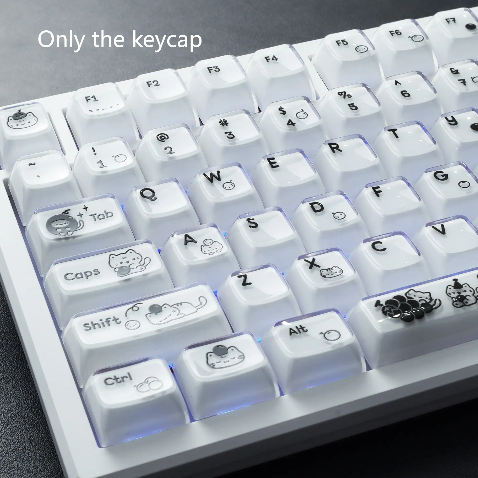 Grape Cat Keycaps, Keyboard Keycaps, Crystal-Like Appearance, Mda Height, PC Material, 113 Keys, Compatible with 6.25u Spacebar, Various Layouts