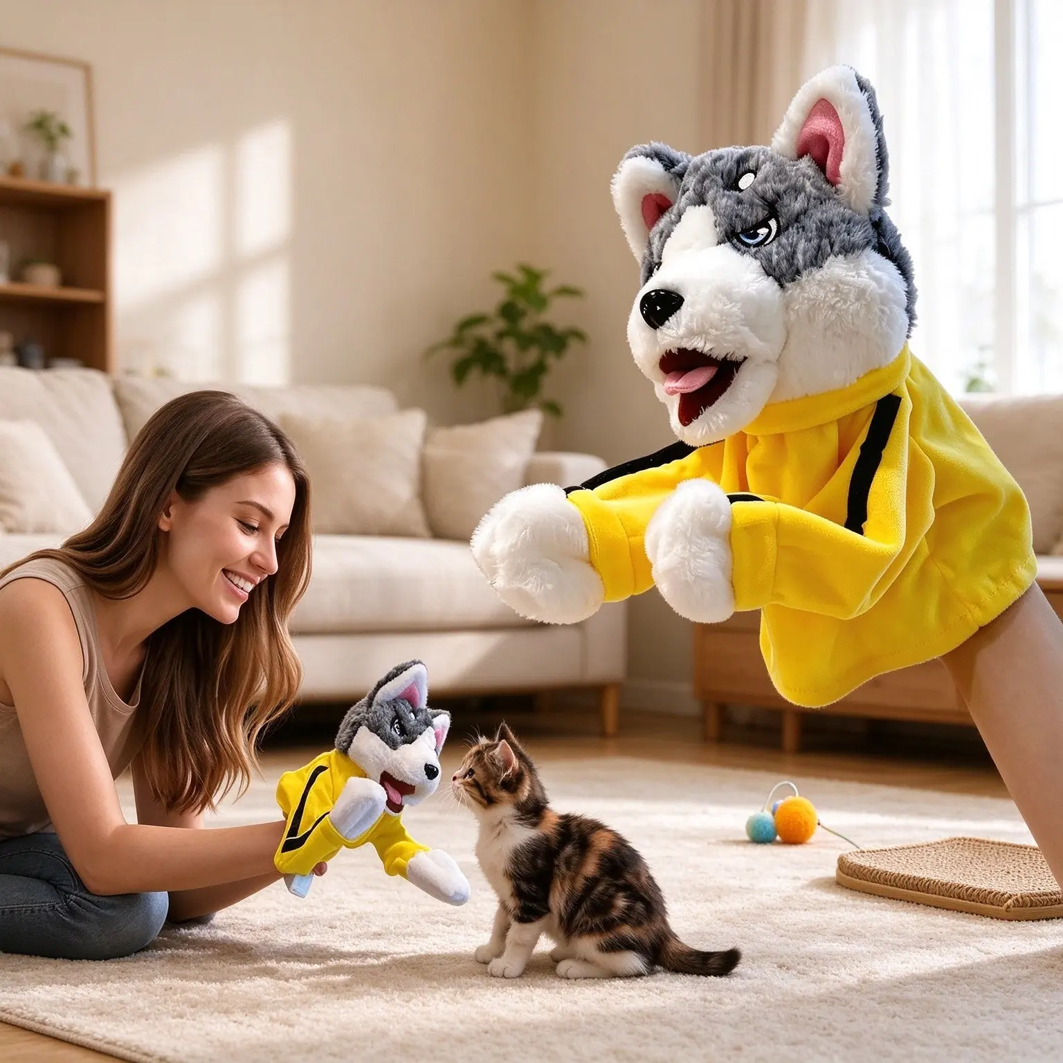 Funny Sound Pet Boxing Puppet Toy, Soft Plush Kung Fu Husky Puppet, Interactive Toy for Small Dogs, Cats and Kittens, Enhances Bonding, No Battery Included