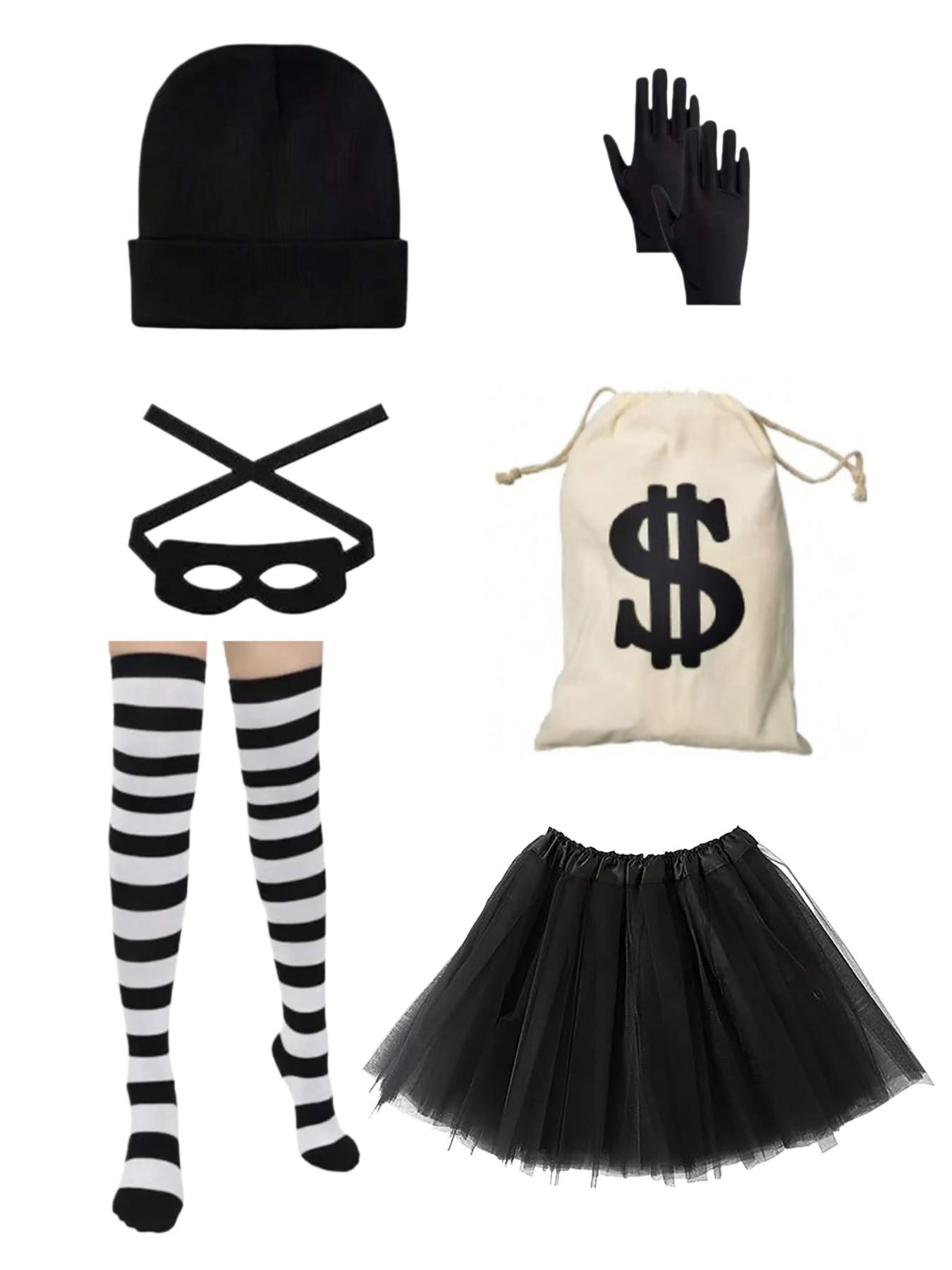 6-Piece Women's Thief Costume Set, Ballet Dress, Hat, Gloves, Eye Mask, Canvas Pouch, Striped Socks, Halloween, Easter, Christmas, Book Day