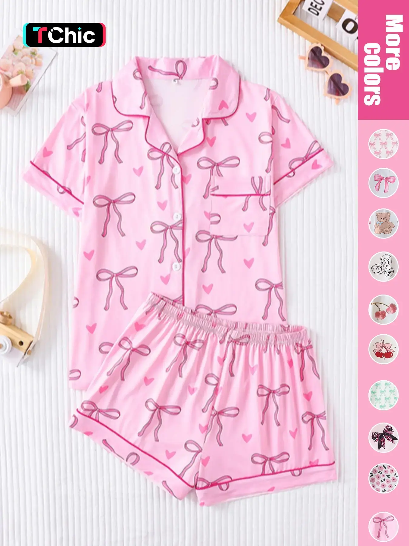 Women's Bow Print Short Sleeve Tee & Shorts Pyjama Set, Elegant Comfy Button Up Top & Elastic Waist Shorts Set, Ladies Sleepwear for All Seasons, Loungewear, Pajamas, Pjs