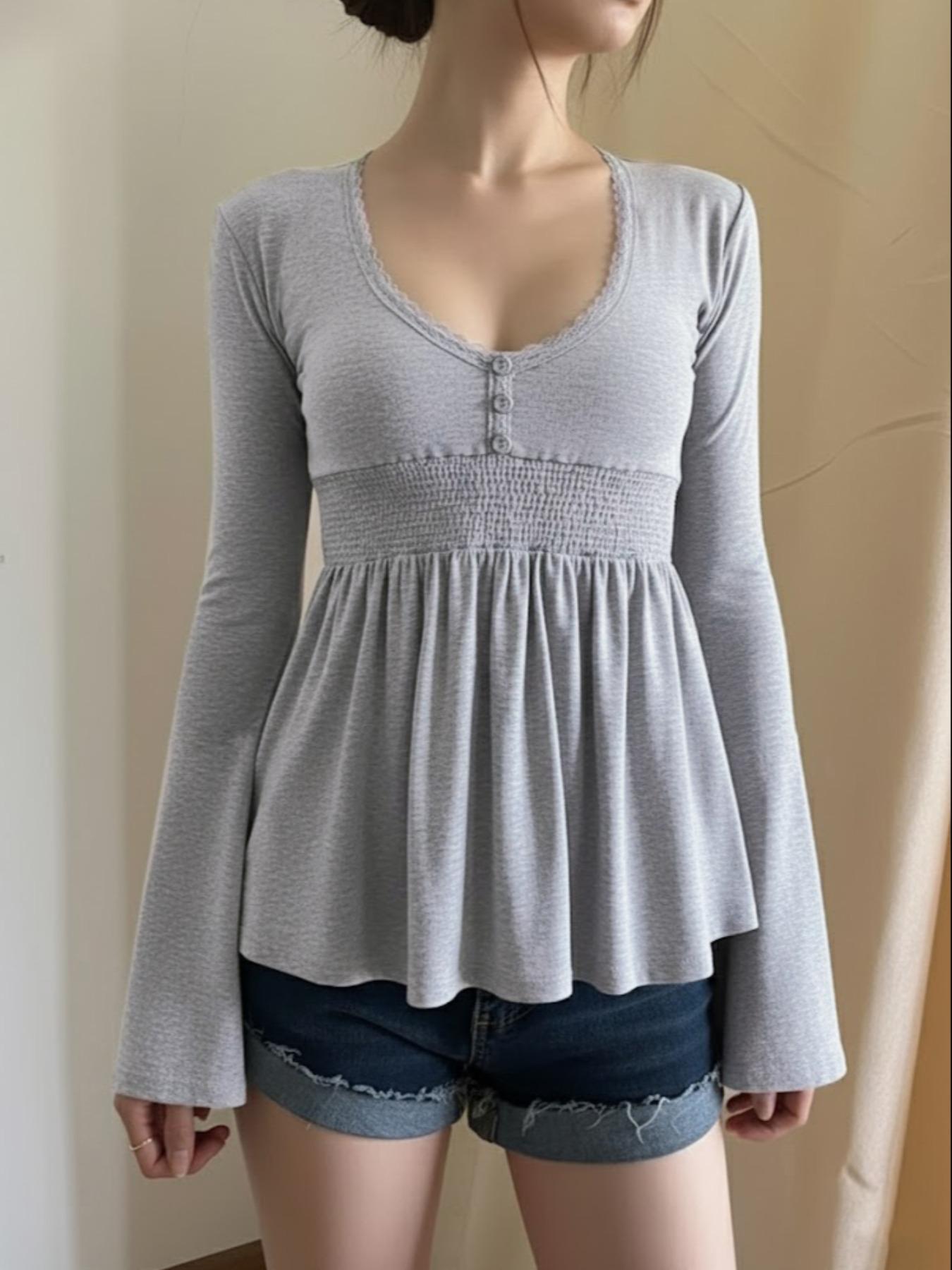 Lace Trim V Neck Flare Sleeve A-Line Top, Y2K Casual Solid Color Long Sleeve Basic T-Shirt, Women's Fashion Clothing