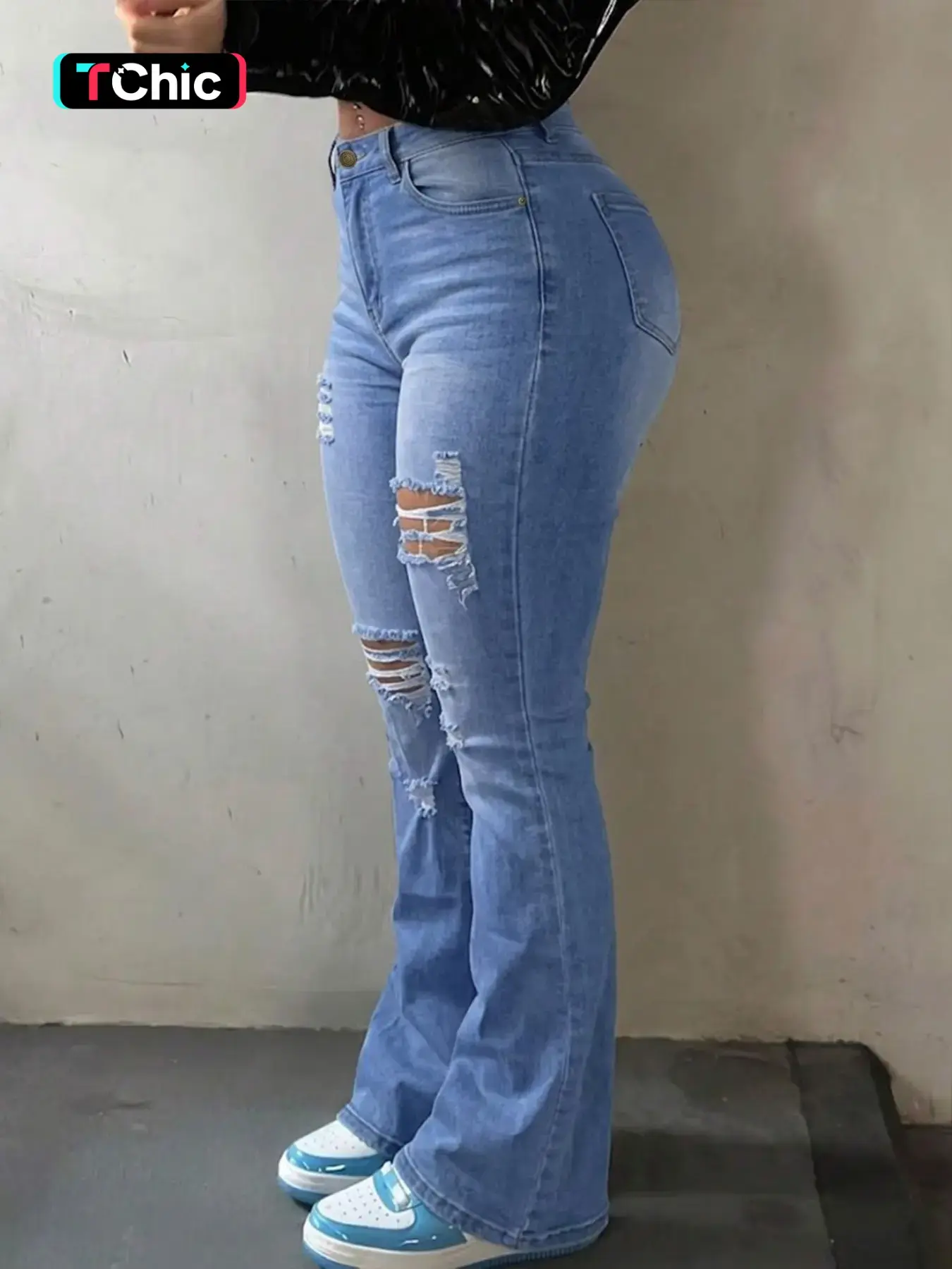 GILIPUR Women's Light Blue High Waist Ripped Flare Jeans, High Waisted Denim Jeans With Pockets, Casual Fashion Jeans, Vintage Distressed Slim Fit High Stretch Bell Bottom Denim Pants, Casual Streetwear Daily & Club Outfits for Women TChic
