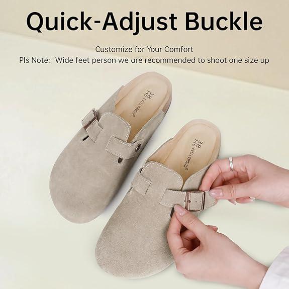 Unisex Round Toe Cork Footbed Clogs,Clogs for Women  Mens Suede Soft Leather Clogs  Potato Shoes Slide Outdoor Gym Shoes with Arch Support Flat Buckle Clogs Retro Fashion Walking Shoes Slippers