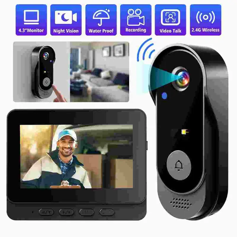 KEPEAK Wireless Smart Doorbell Camera with 2-Way Intercom, 1080P 2.4G Camera, 4.3" Screen, 800mAh Battery, Night Vision, 4.3" IPS Monitor, Outdoor Home Security Device
