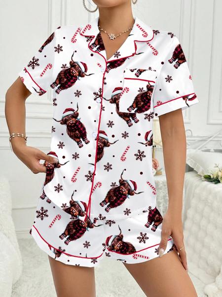 【Christmas Pajamas】Cute Highland Cow Animal Print Short Sleeve Pajama Set, Comfortable Sleepwear for All Seasons, Christmas Gift