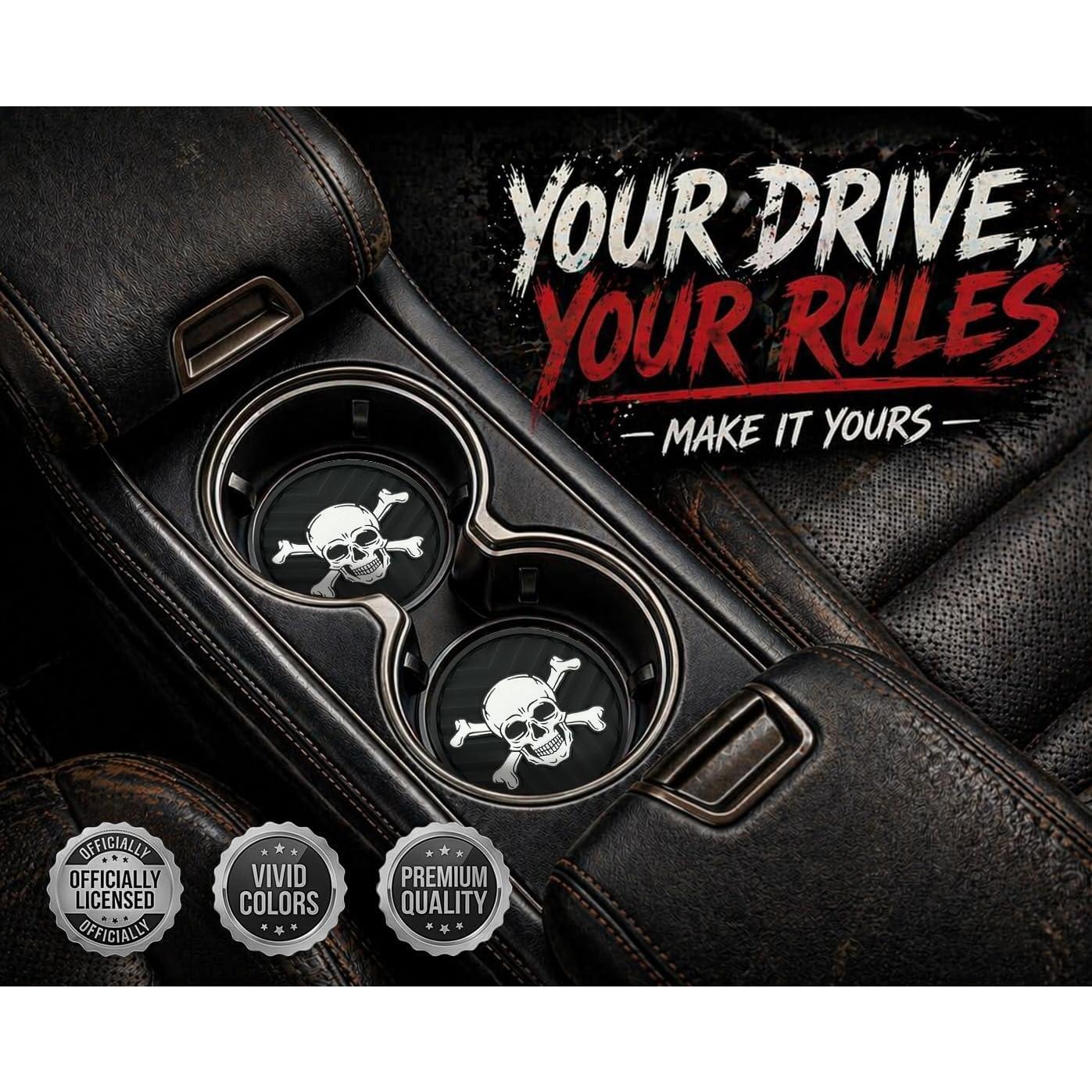 Skull & Crossbones Automotive  Coasters Set of 2 | Metalhead Collection, Durable Non-Slip  Textured Design,  Fit (2.75") for , , SUVs &