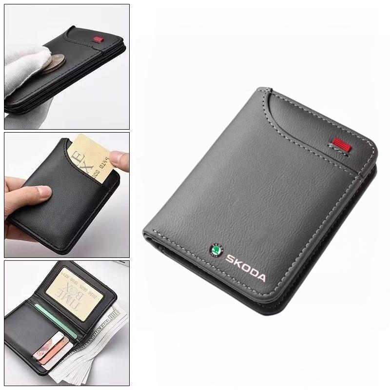 Car Badge Fashion Minimalist Wallet, Leather Mini Credit Card Case, Portable Small Wallet for Skoda Models, Car Accessories