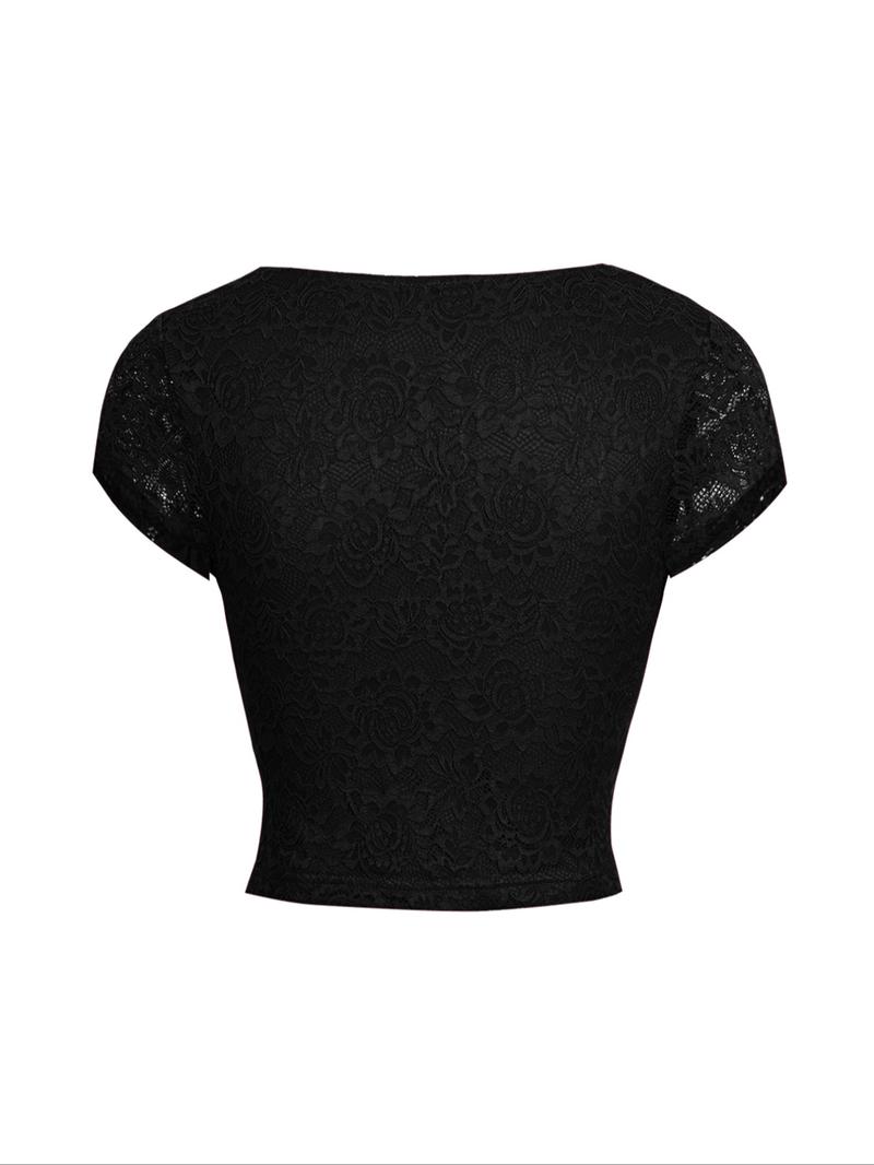 Spring Summer Y2K Sexy Slim Fit V Neck Lace Patchwork Bow Hollow Out Short Sleeve T-Shirt, Women's Fashion Casual Top