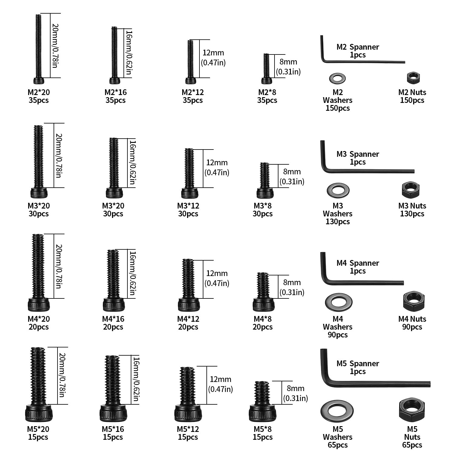 1274 count M2 M3 M4 M5 Metric Screw Set, Hex Socket  Cap Screws Nuts and Washers  Kit, Metric  and Nuts Kit, 12.9 Carbon Steel  Machine Screw  Kit, with 4 Spanner