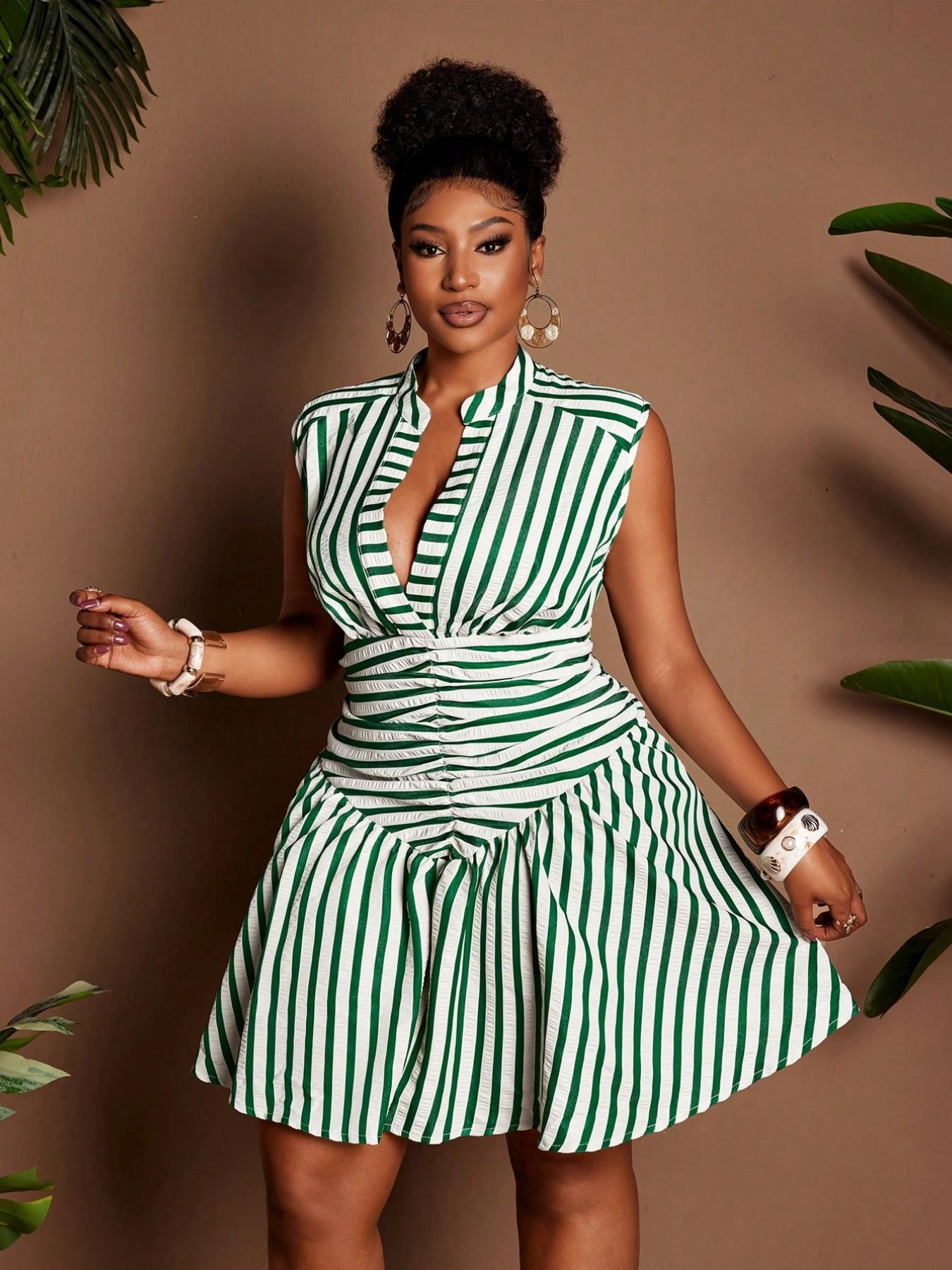 Plus Size Women's Striped Notched Neck Sleeveless Dress, Waist Cinched A-Line Short Dress, Summer Casual Fashion, Casual Wear Plus Size Women's Striped Notched Neck Sleeveless Dress, Waist Cinched A-Line Short Dress, Summer Casual Fashion, Casual Wear