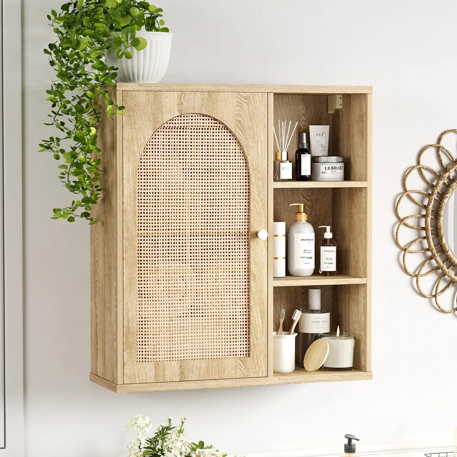 Rattan Bathroom Wall Cabinet with Door, Boho  Wall Cabinets with Adjustable Shelves, Tall Kitchen Wall Mounted Storage Cabinet, Floating  Cabinet Space Saver for Laundry Room,
