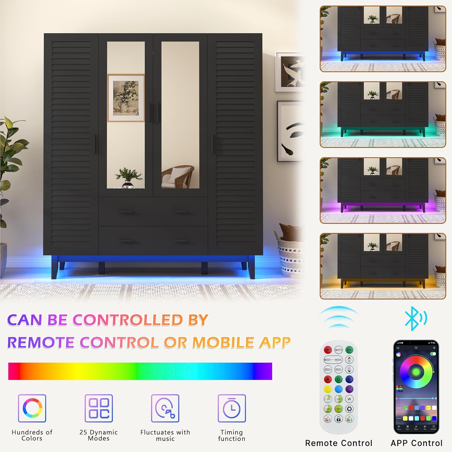 2/3/4 Door Armoire Wardrobe Closet Cabinet with Drawers and LED Lights, Multi-Tier Shelves, Hanging Rod & Louver Doors, Large Capacity Storage Wardrobe Armoire for Bedroom(Black/white)