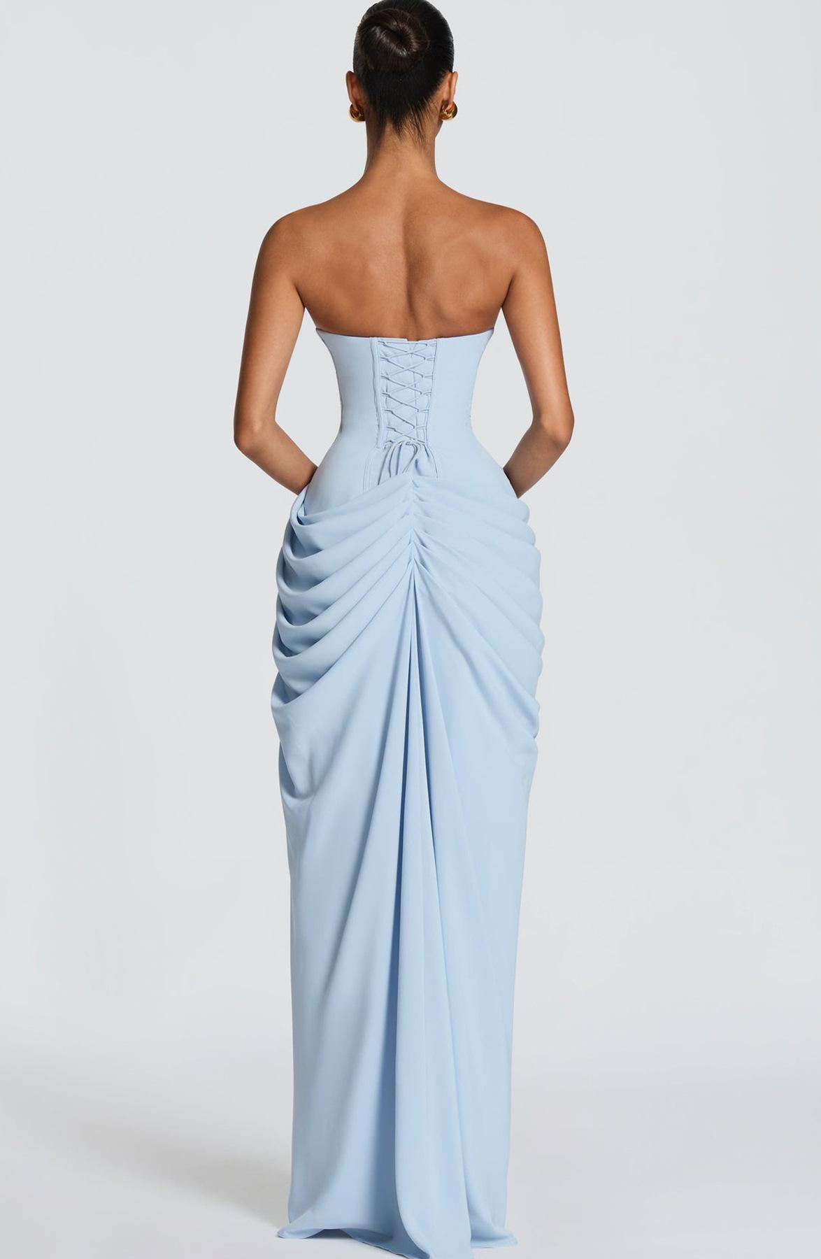 2026 European and American New Style Asymmetrical Pleated Sexy High-Slit French Romantic Strapless Pleated Slit Dress