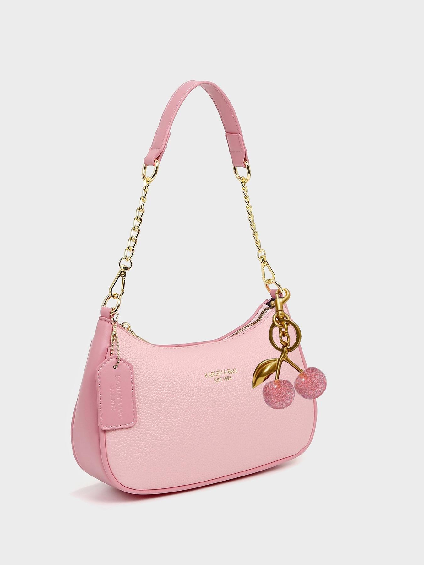 Autumn Winter Vintage Fashion Elegant Letter Pattern Shoulder Bag, Crescent Moon Crossbody Bag with Chain Strap, Cherry Pendant Decor, Handbag Shoulder Bag