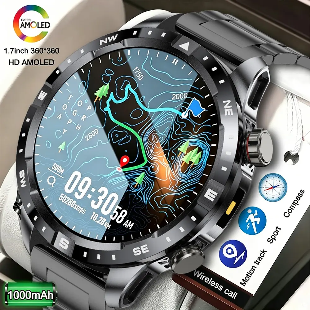 2026 New Men's Outdoor Smart Watch, 1.7 Inch HD Touch Screen, 1000mah Battery, Wireless Calling, Voice Assistant, Compass, Sport Tracker