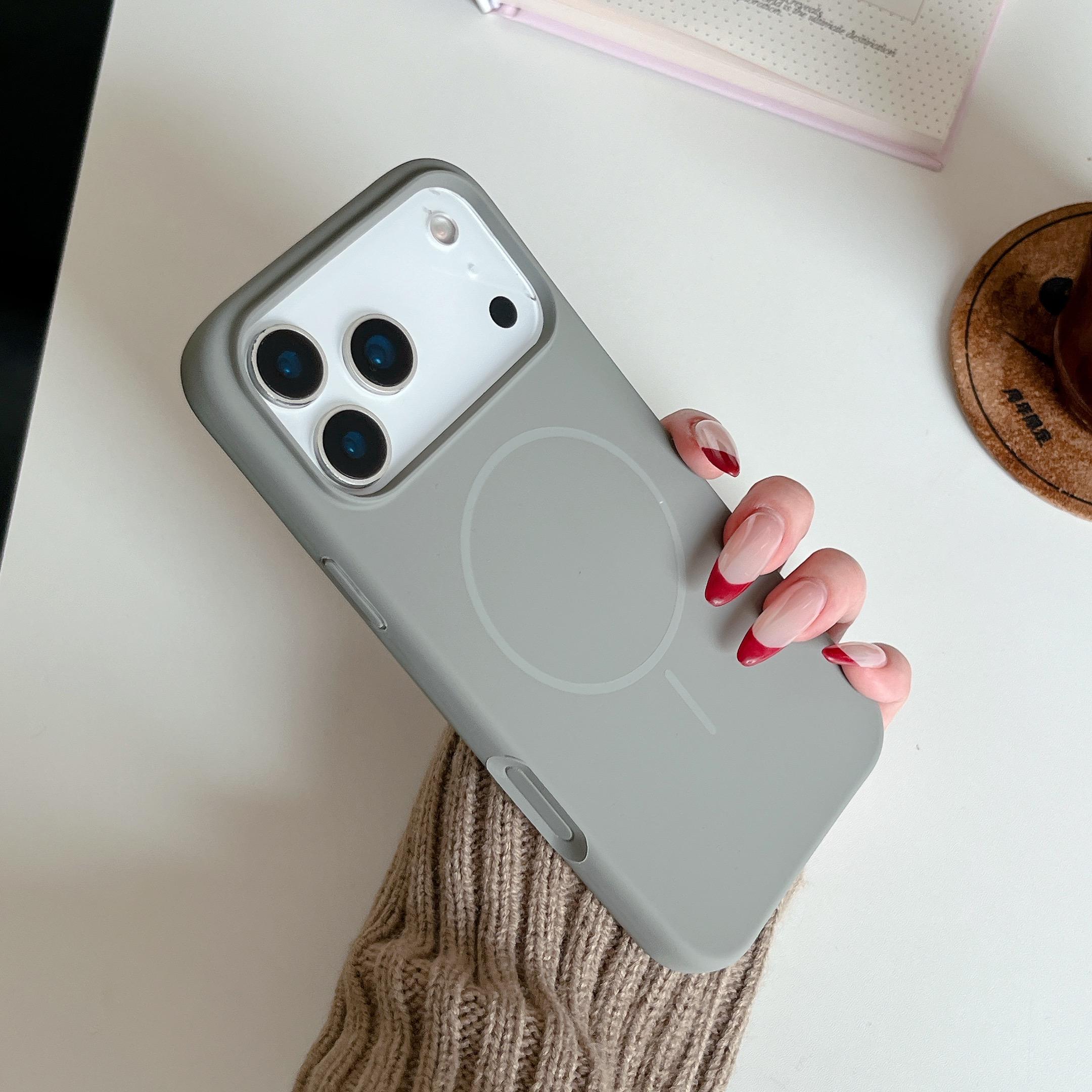 Orange thin circle magnetic suction camera button, all-inclusive, suitable for Apple 17promax mobile phone case, liquid silicone iPhone17 r skin feeling 17pro simple solid color, soft waxy 17 large holes 16