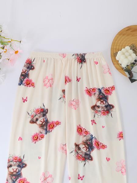 Women's Cartoon Highland Cow & Floral Print Casual Comfy Pajama Set, Lapel Long Sleeve Button-Up Top & Elastic Pants, All-Season Sleepwear