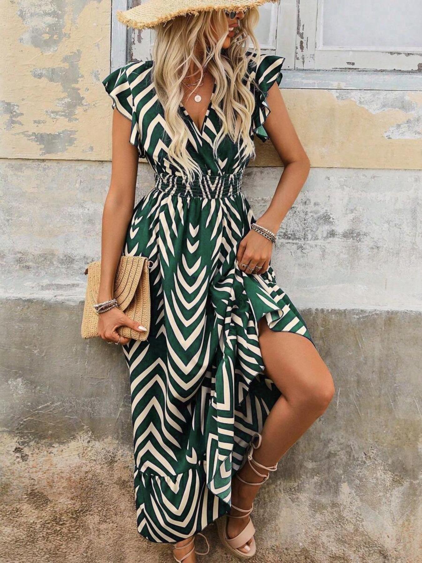 Women's Spring Summer Fashion Floral V Neck Ruffle Waist Slim Boho Dress, Long Cap Sleeve Fitted Wrap Dress for Vacation