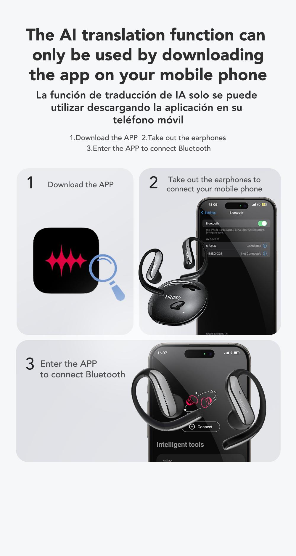MINISO MS195 AI Translation Earbuds, Open Wireless Headphones, Download App to Translate 134 Languages, Bluetooth Smart Headphones,Suitable for music and calls
