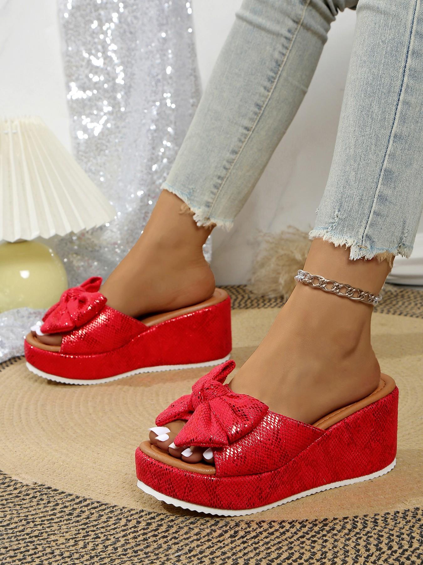 Women's Fashion //burgundy Bow Thick Sole Wedge Sandals, Summer Outdoor Y2K Style, Lightweight Comfortable Footwear