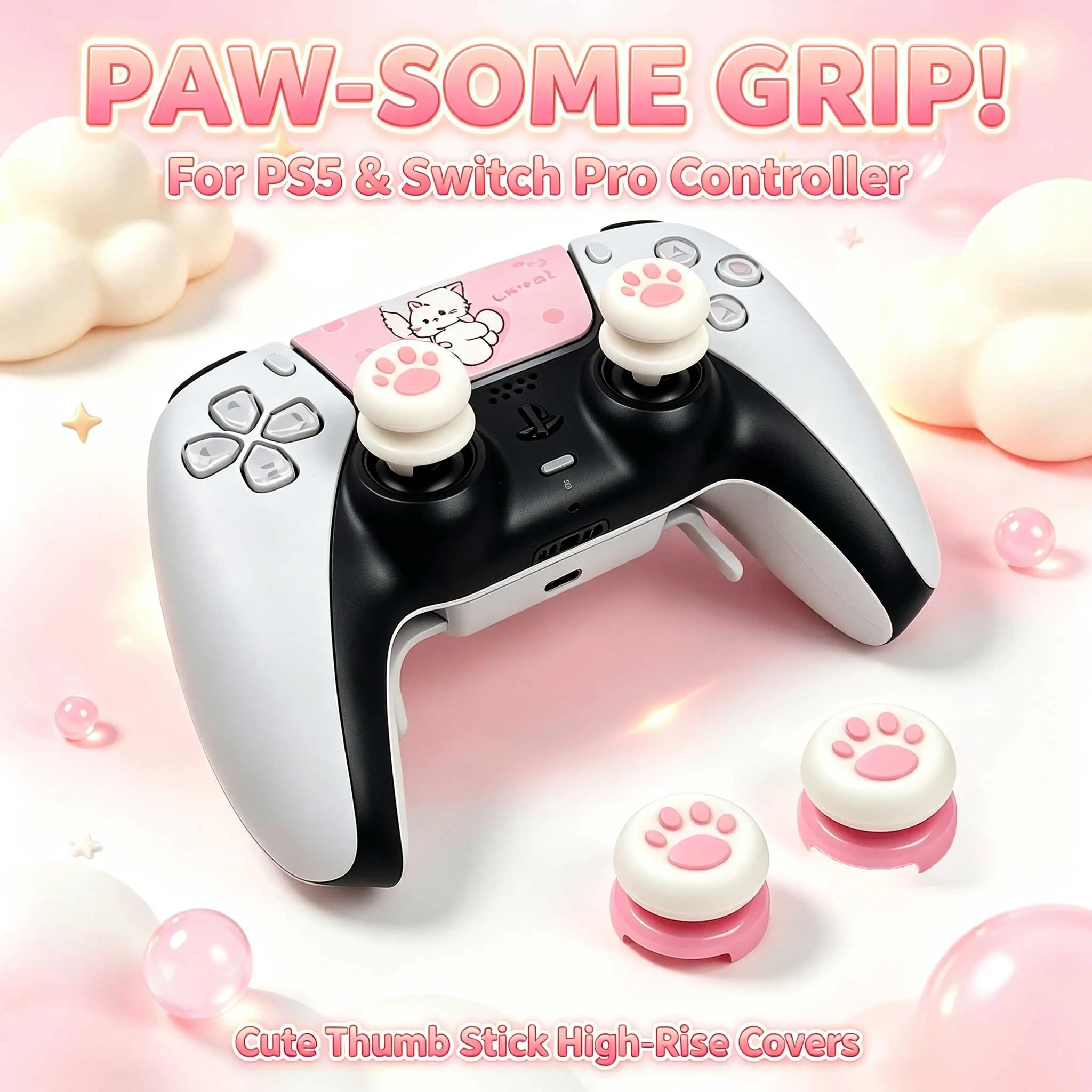 1 Pair Cute Cat Paw Thumb Grip Caps, High Rise Joystick Cover for Ps5 Ps4 Switch Pro Controller Analog Stick Protector, Gaming Accessories