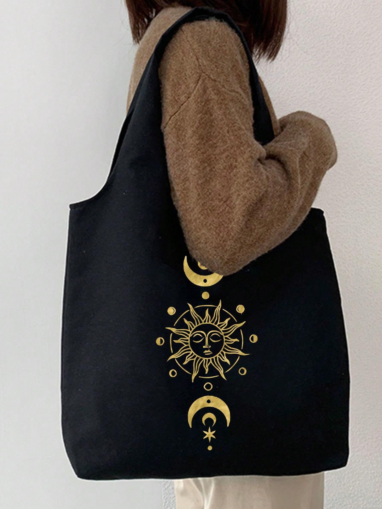 Sun, Moon, Stars Printed Canvas Shoulder Bag, Black Printed Vest Tote Bag and Black Small Bag, Shoulder Tote Bag, Multi-functional Shopping Bag, Commuter Bag, Valentine's Day Gift, Personalized Wedding Bridesmaid Gift Bag, Cosmetic Bag