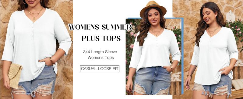 【L-5XL】 Imily Bela Curve Womens Plus Size Tops V Neck 3/4 Sleeve Casual T-Shirts Loose Basic Tunic Tees Summer Vneck Minimalist Streetwear