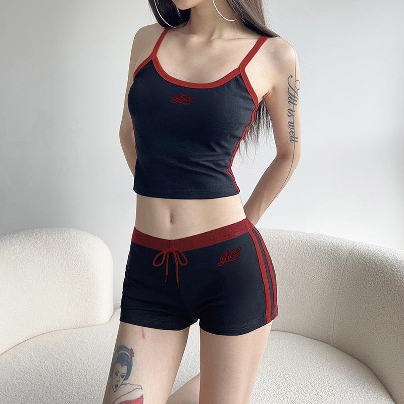 Women Biker Shorts Athletic Shorts 2 Piece Workout Sets Casual Sports Activewear Sports style contrasting color splicing casual two-piece set, letter embroidered suspender, sports vest, lace-up shorts set running split Backless Halter Crop Top