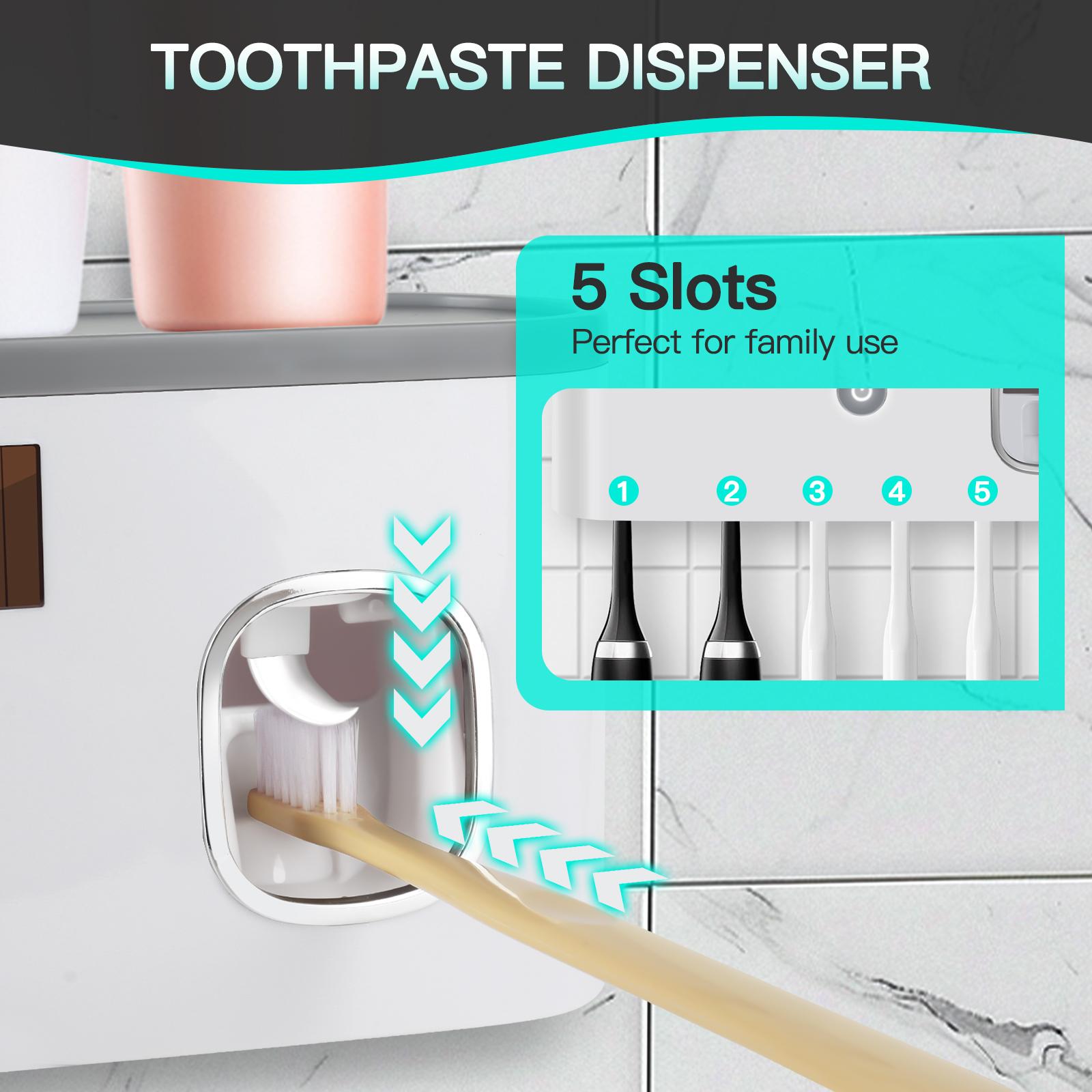 PHANCIR UV Toothbrush Holder for Bathrooms,5-Slot Wall Mount Toothbrush Sanitizer & Timing Function Wall Mounted with Toothpaste Dispenser for Electric / Regular Toothbrush Black Rose Gold