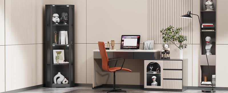 BROTTAR 65" Corner Glass Display Cabinet with LED Lights, 4-Tier Showcase Display Case with Glass Doors & Human Body Sensor for Collectibles, Toys, Liquor, Black/White