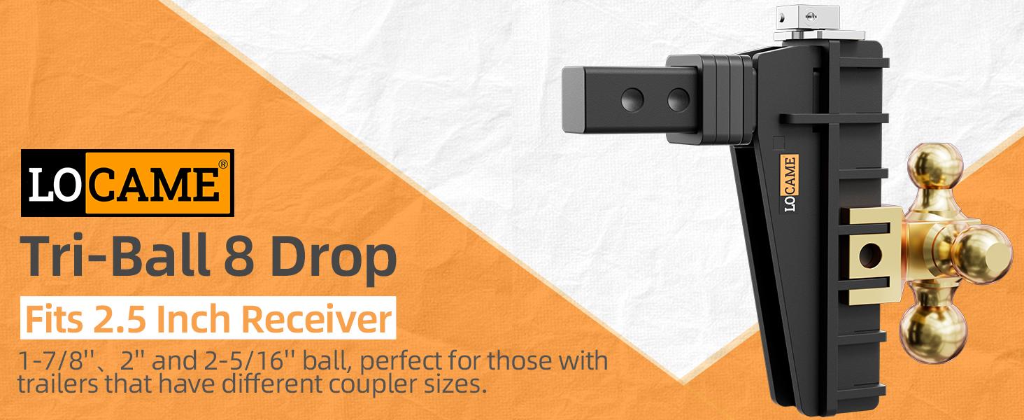 LOCAME Adjustable Trailer Hitch with Hook, Tri-Ball (1-7/8", 2", 2-5/16") Drop Hitch, Fits 2.5 Inch Receiver, 6" Drop Down Hitch, 18,500 LBS Heavy Duty Truck, Solid Ball Mount, Gold