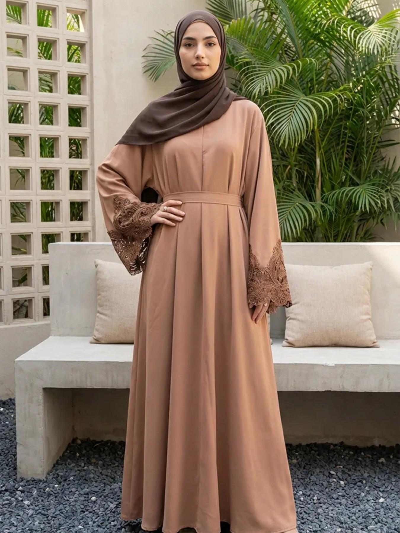 Elegant Hand Embroidered Lace Modesty Belted Abaya Dress, Simple Fashionable One-Piece for Daily Wear, Casual Prayer