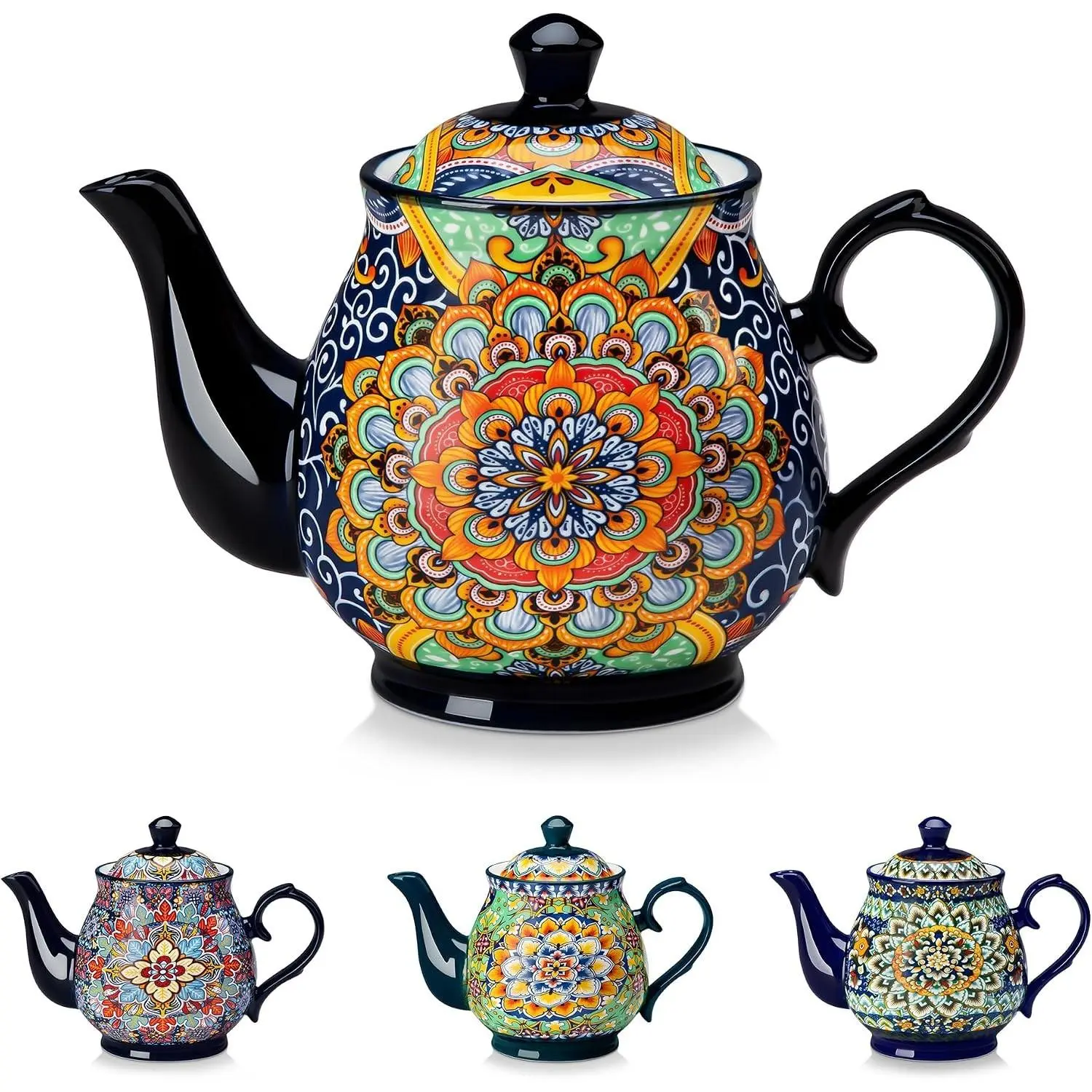 SIMI 28 oz Porcelain Teapot, Bohemian Ceramic Tea Pot with Regal Bloom Pattern, Microwave & Dishwasher Safe