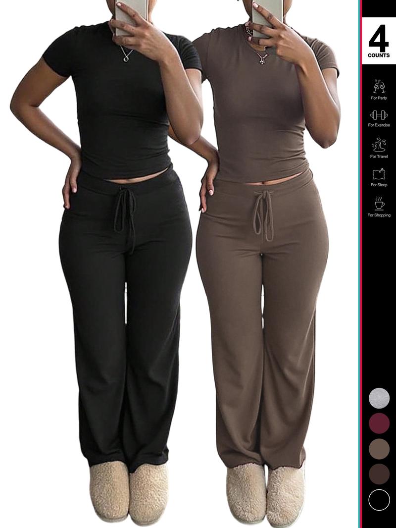 2026 Women's Two-Piece Y2K, Fitted Baby Tee & High-Waist Flare Lounge Pants, Stylish Loungewear Tracksuit Set, Sweatsuit Set