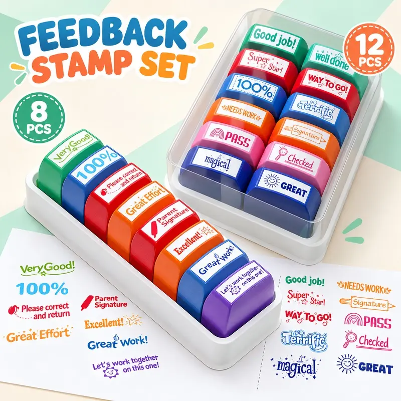8 or 12 Pack Teacher Feedback Stamps, Colorful Design Self-Inking Reward Stamp Set with Encouraging Messages and Storage Case for Grading Homework and Classroom Use