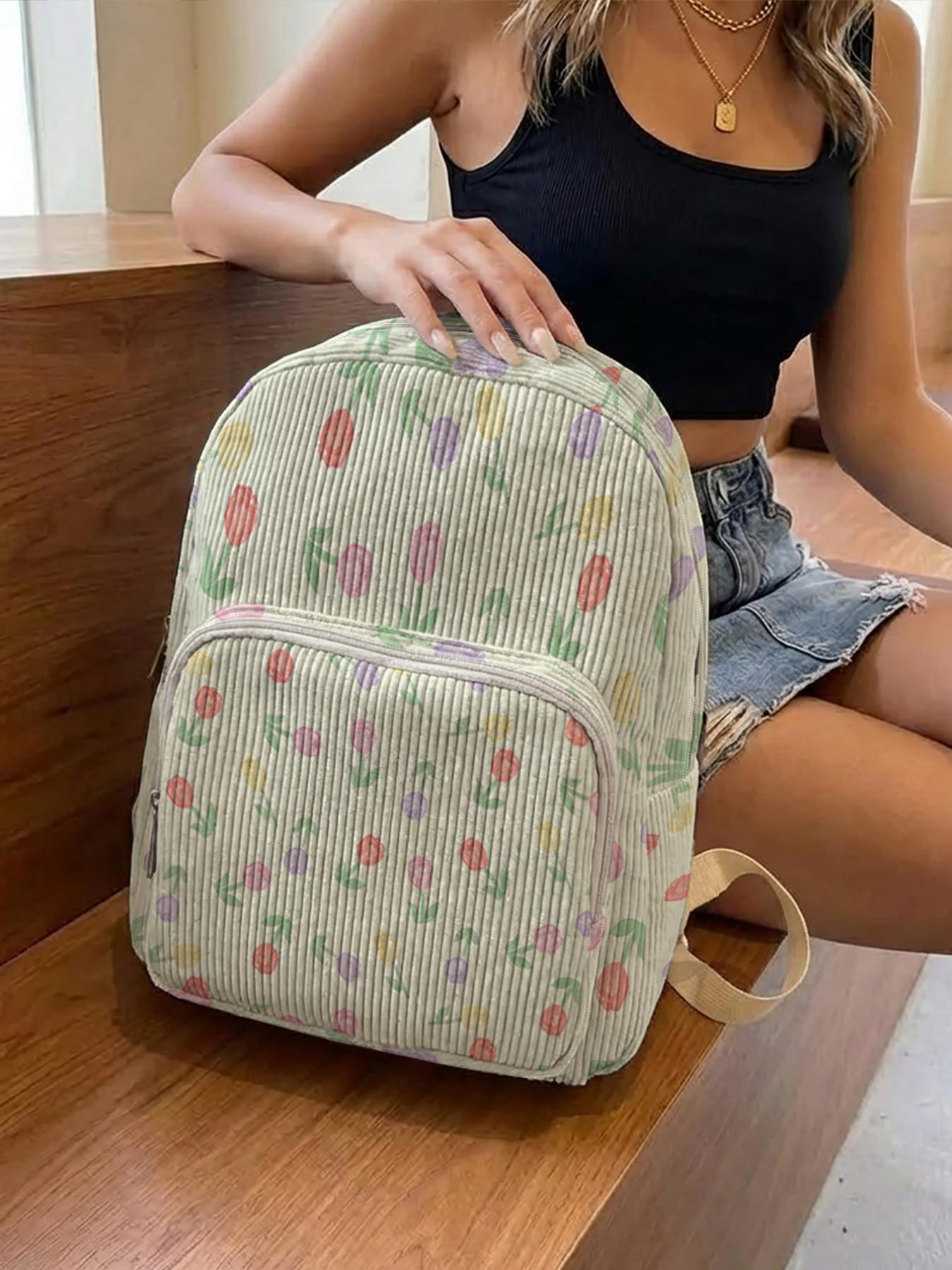 1 piece of 'Colorful Tulip Pattern' 2D printed ladies' backpack, corduroy texture + layered storage + light weight reduction | Perfect for students to go to class/shopping/short trips | Combines atmosphere with practicality