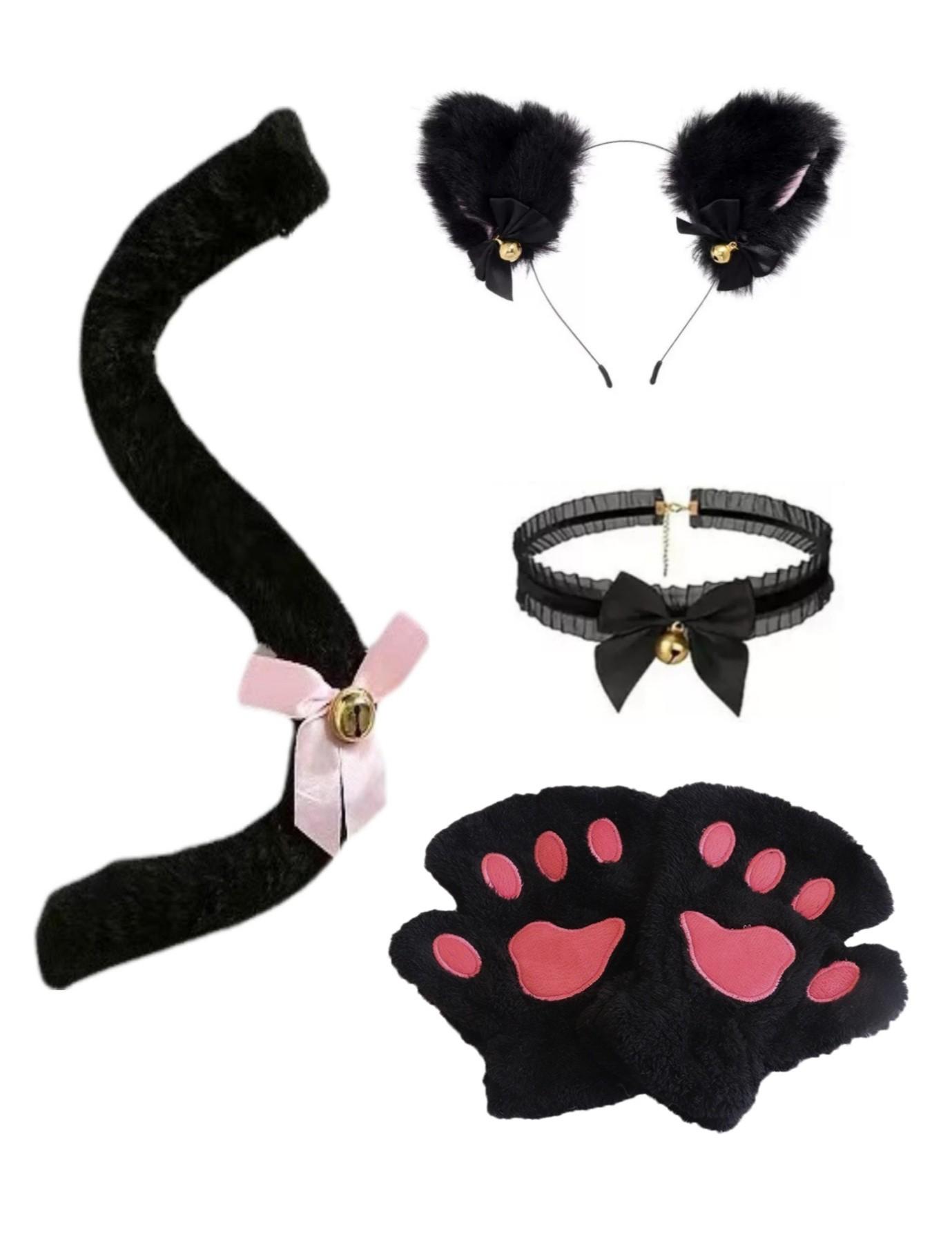 4-Piece Floral Cat Costume Set for Women, Includes Headband, Necklace, Gloves, Tail, Perfect for Halloween, Christmas, Cosplay, Performance