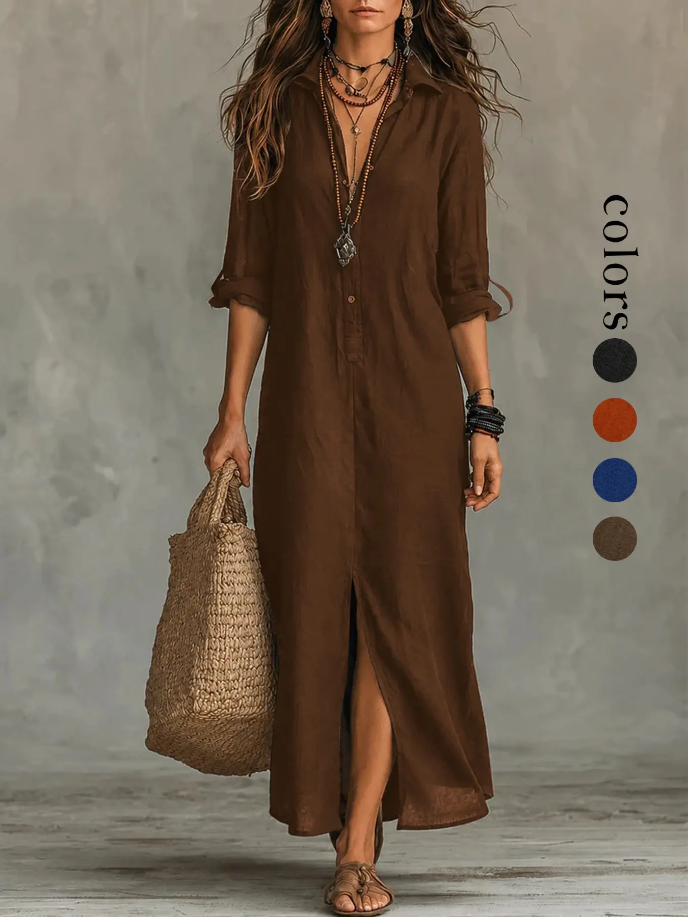 Women's Casual Loose Fit Midi Dress, Solid Color Long Sleeve Boho Shirt Dress, All Seasons Fashion, Comfortable and Stylish