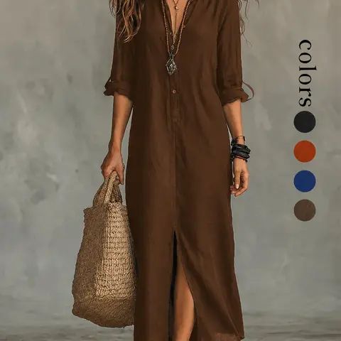 Women's Casual Comfortable Stylish Loose Fit Dress, Solid Color Long Sleeve Bohemian Boho Shirt Dress for All Seasons