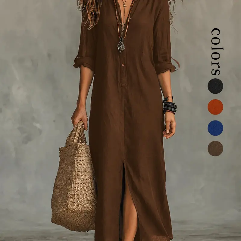 Women's Casual Comfortable Stylish Loose Fit Dress, Solid Color Long Sleeve Bohemian Boho Shirt Dress for All Seasons