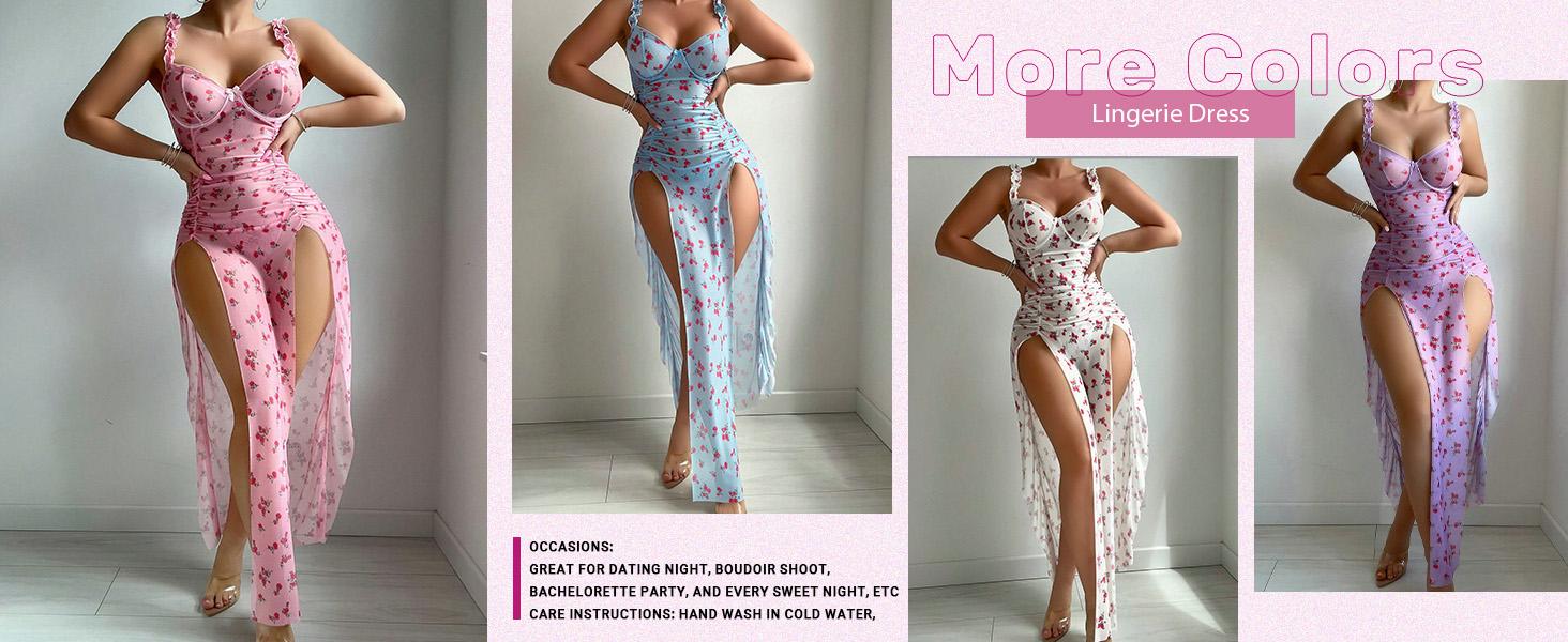 Women's 2 Piece Babydoll Lingerie Set Frill Underwire Floral Lingerie Dress Split Slip Dress with Thongs dealsforyoudays Women's 2 Piece Babydoll Lingerie Set Frill Underwire Floral Lingerie Dress Split Slip Dress with Thongs dealsforyoudays