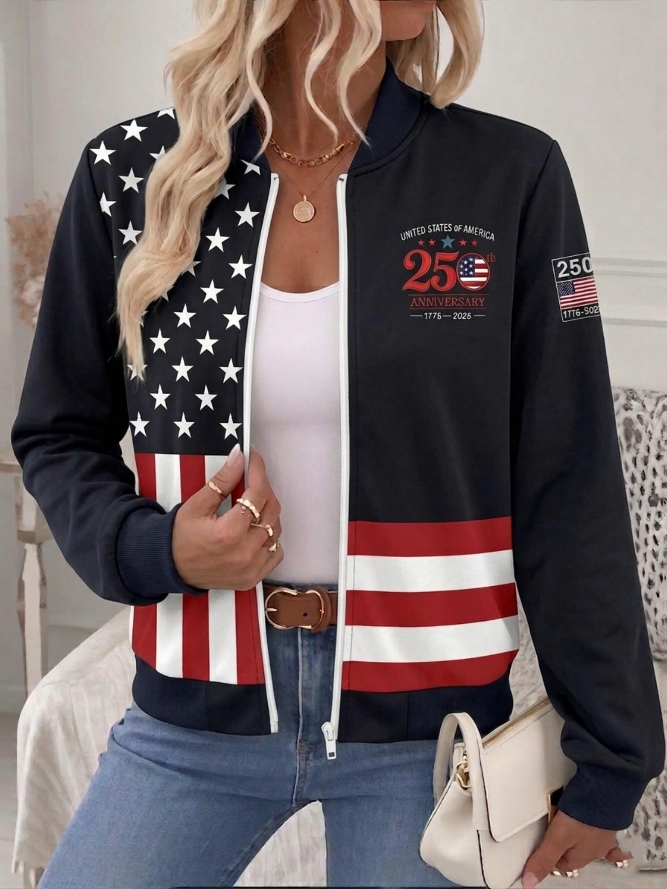 Vintage American Flag Baseball Jacket for Women, Casual Fashionable Jacket, Usa 250th Anniversary Badge Sleeve Print, Stand Collar Front Zipper, Soft Lightweight Long Sleeve Patriotic Coat, Fashion Casual Outerwear