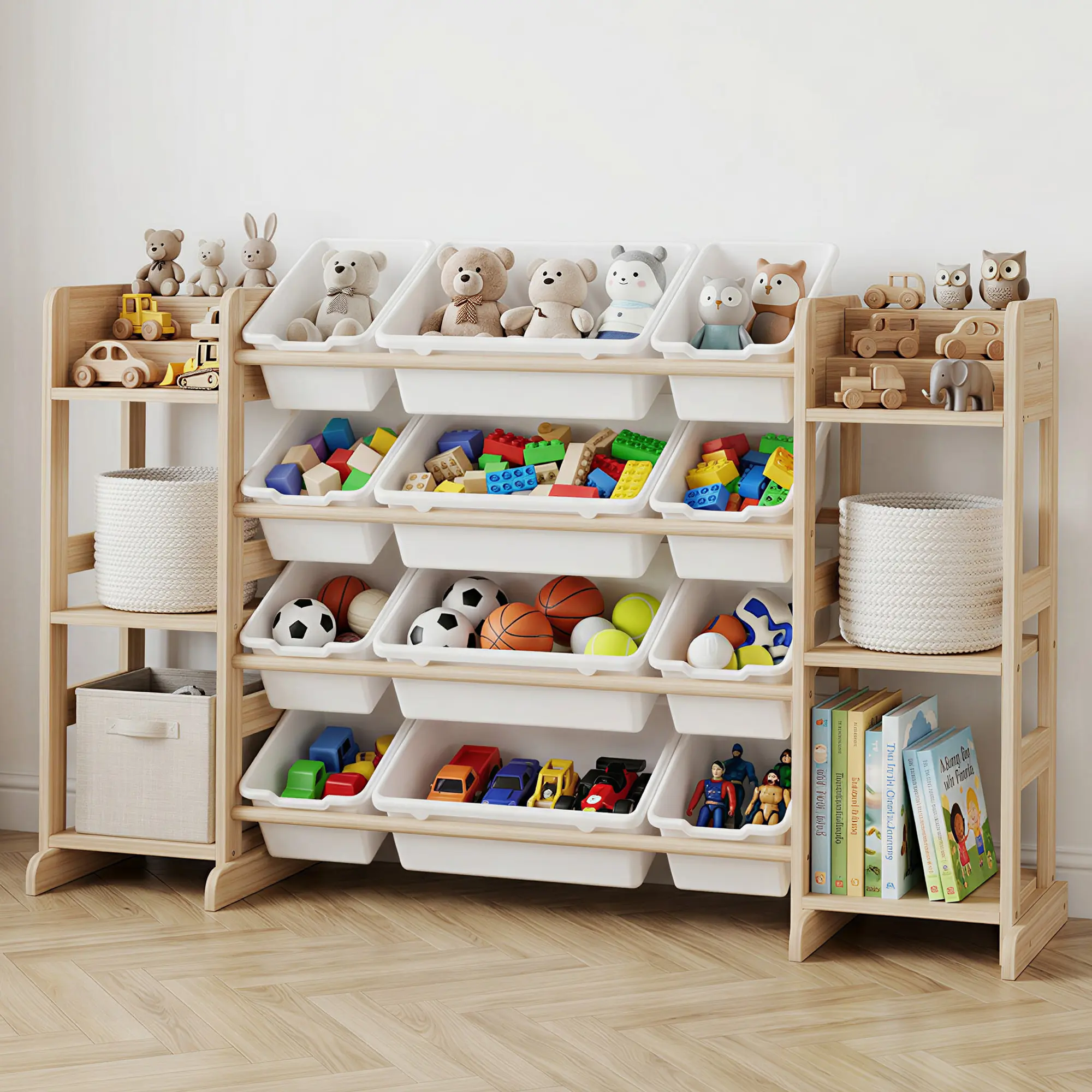 Kids Toy Storage Organizer, 52.3" Wide Solid Wood Bookshelf Cabinet - 12 Removable Bins & 6 Open Shelves - Cubby Shelf Storage Unit for Playroom Bedroom