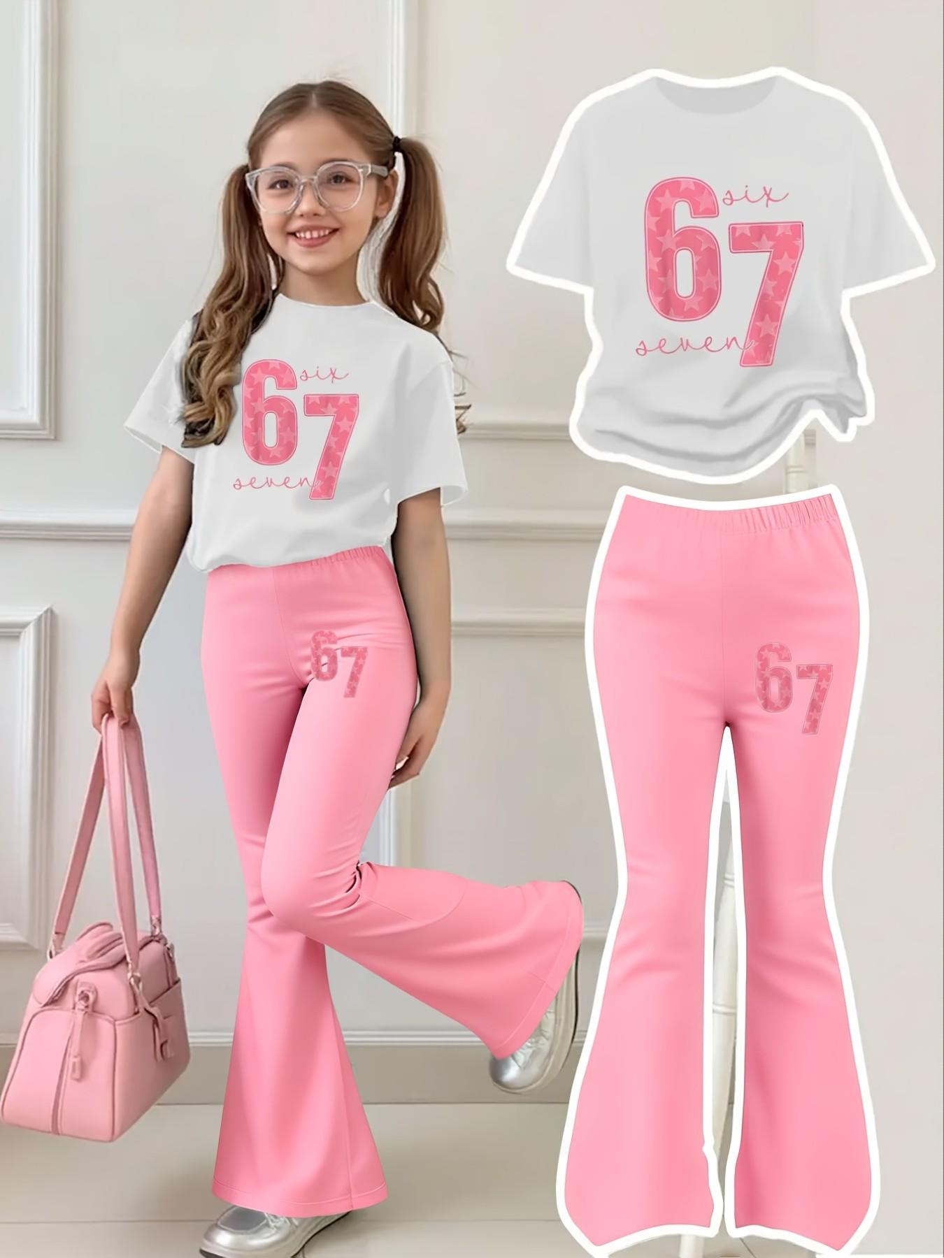 Girls' Sweet Cool Star Print Short Sleeve Bell Bottom Set, T-Shirt with Star Pattern, Casual Breathable Comfort