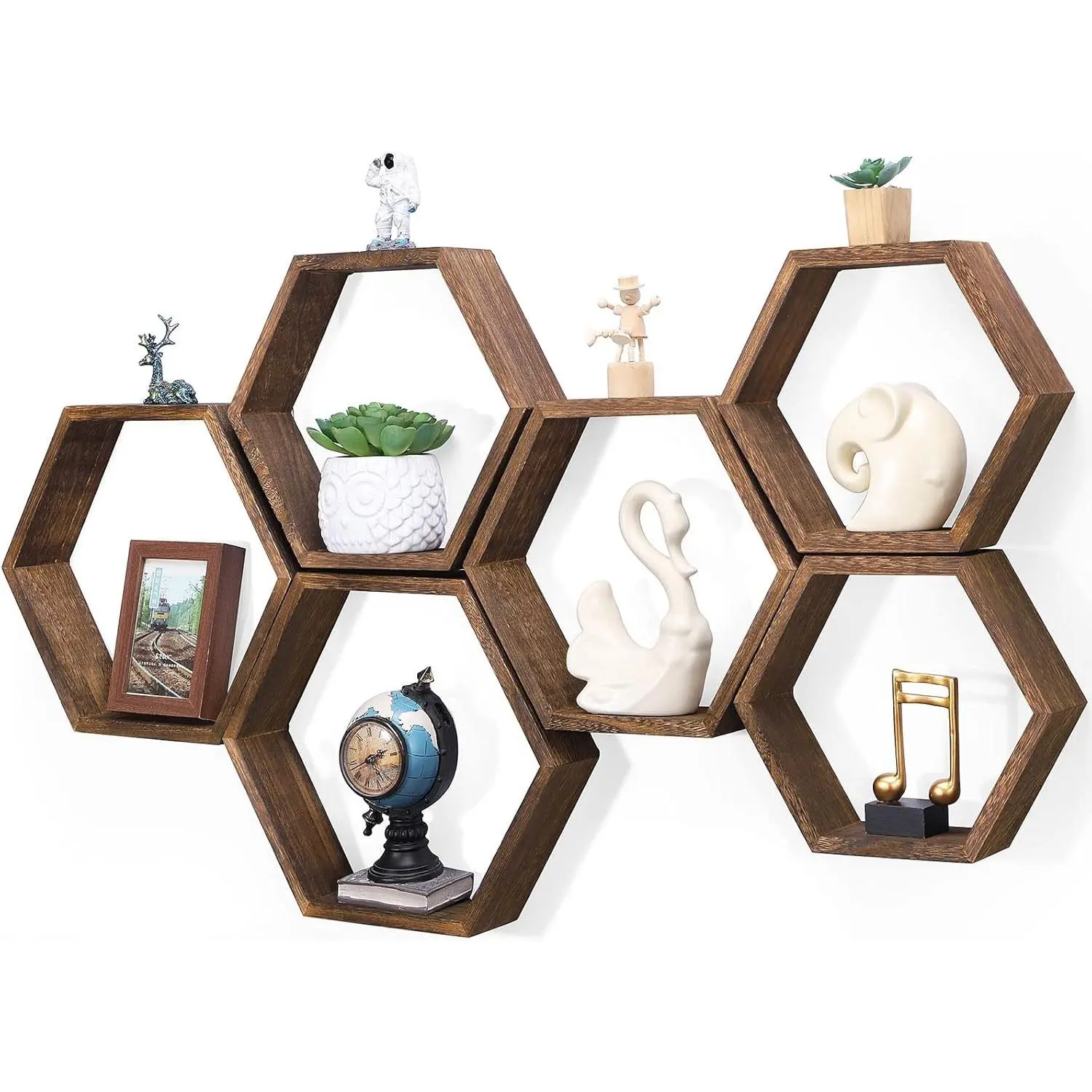 Hexagon Floating Shelves Set of 6 Honeycomb Shelves for Wall Wood Farmhouse Storage Home Decor Shelf Wall Mounted Wooden Hexagonal Shelves for Bedroom Living Room Nursery, Rustic Brown