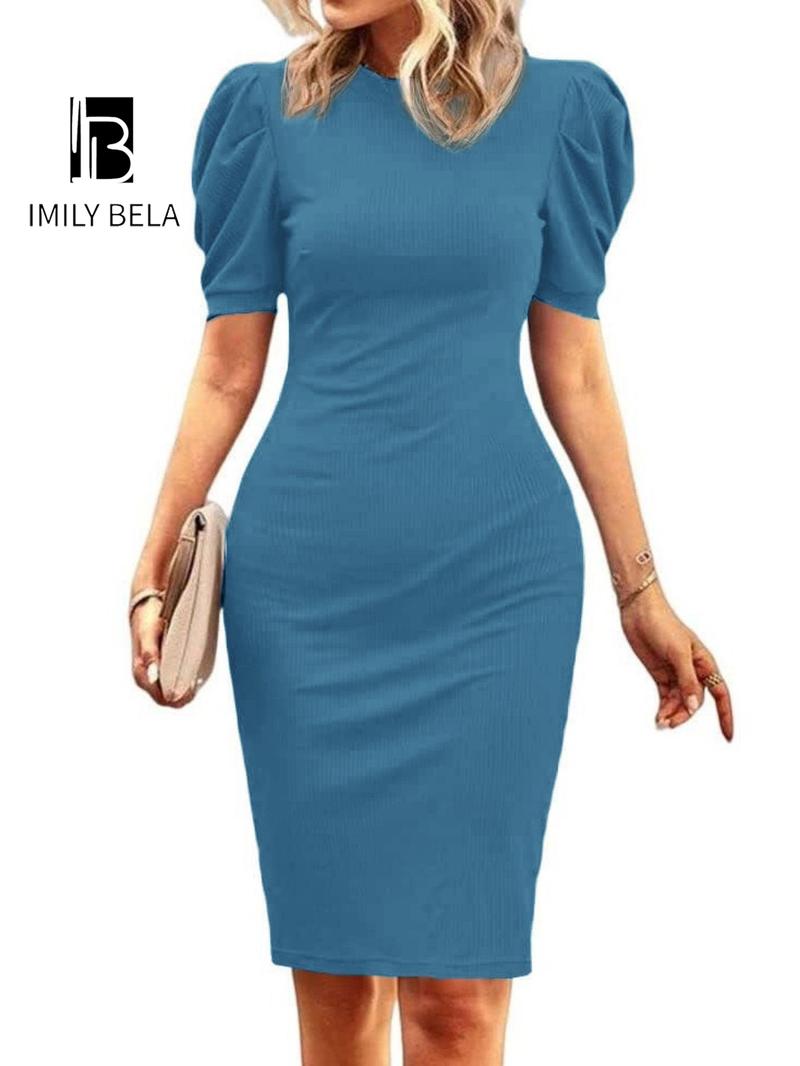 Women's Plain Puff Sleeve Dress, Elegant Fashion Casual Bodycon Dress for Work Office Business, Ladies Dress for All Seasons Formal Wear