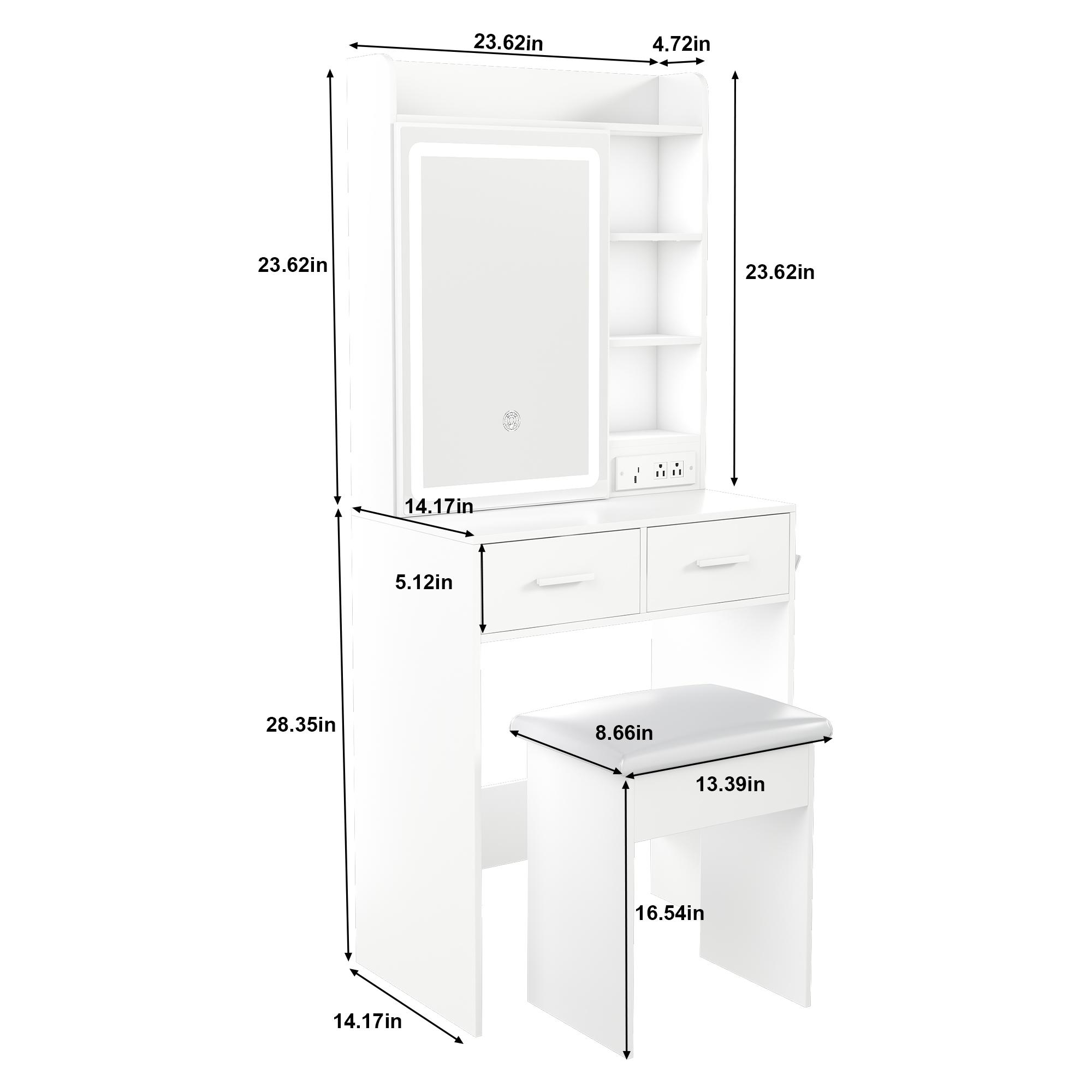 Small Vanity Desk with Mirror and Lights, Makeup Vanity Table with Power Outlet & 2 Drawers & 6 Shelves & Stool,Dressing Table Set for Bedroom, Brightness Adjustable, White