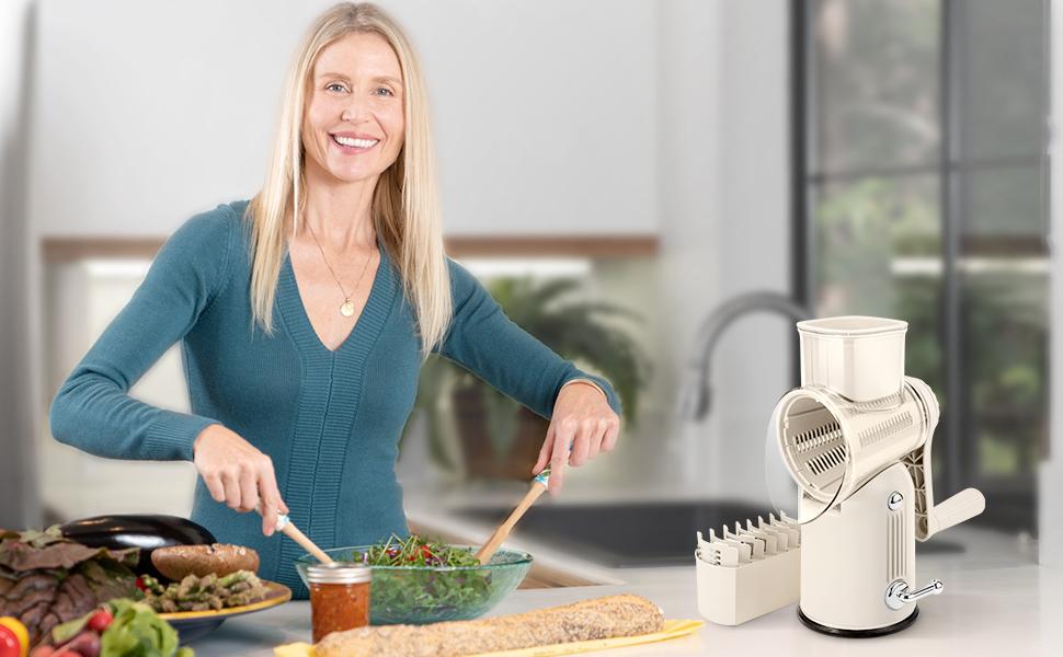 Rotary Cheese Grater with Handle, 5-in-1 Cheese Grater Hand Crank, Strong Suction Base for Fruit Vegetables Nuts with Blade Storage Box  idea de snack  Utensils gear foodie modern kitchen tools timesaver Green